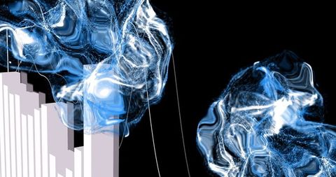 Digital Abstract Art with Geometric Bars and Swirling Particles