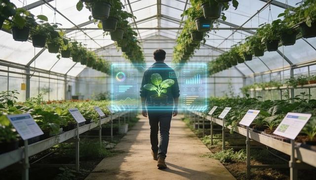 Greenhouse researcher using augmented reality for plant monitoring and precision farming
