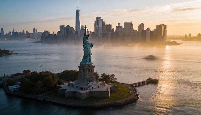 Statue of liberty at sunrise with manhattan skyline and golden harbor reflections