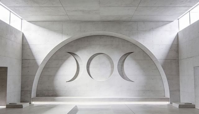 Minimalist Concrete Hall Featuring Triple Moon Bas-Relief and Clerestory Light