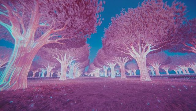 Dreamlike Row of Pink Neon Trees in Digital Landscape