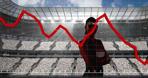 Silhouette athlete with dramatic financial graph overlay in stadium