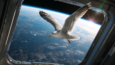 Seagull gliding past space station window over earth limb with sunrise flare
