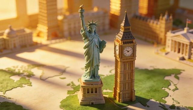 Miniature landmarks on world map featuring statue of liberty and big ben in sunlight
