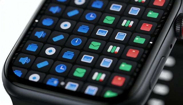 Smartwatch display showing colorful app grid macro closeup glossy black case metal crown
