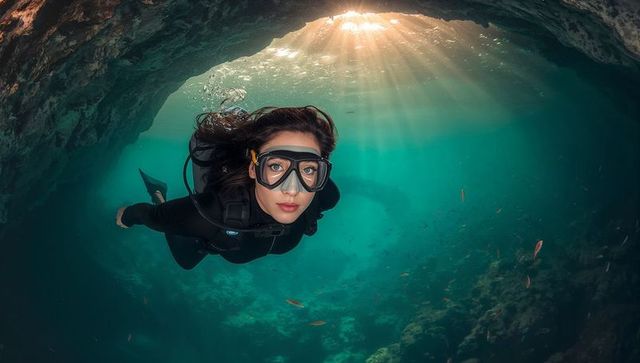 Female scuba diver exploring sunlit underwater cave and turquoise reef