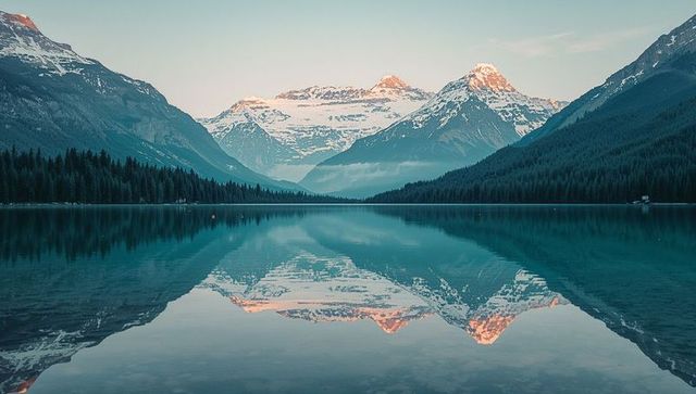Glowing mountain peaks reflect on tranquil alpine lake