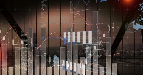 Overlaying financial data and candlestick charts on glass window with city skyline at dusk