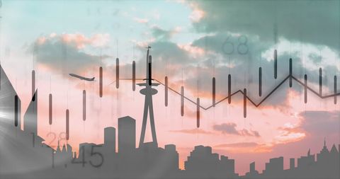 financial graph overlay on city silhouette with plane - Download Free Stock Images Pikwizard.com