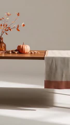 Vertical video of sunlight shifting across wooden tabletop revealing autumn pumpkin centerpiece