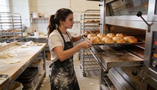 Female Baker Pulling Tray of Golden Rolls from Industrial Oven in Artisan Bakery