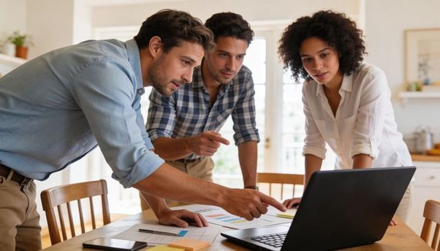 Young professionals collaborating over laptop around kitchen table reviewing charts