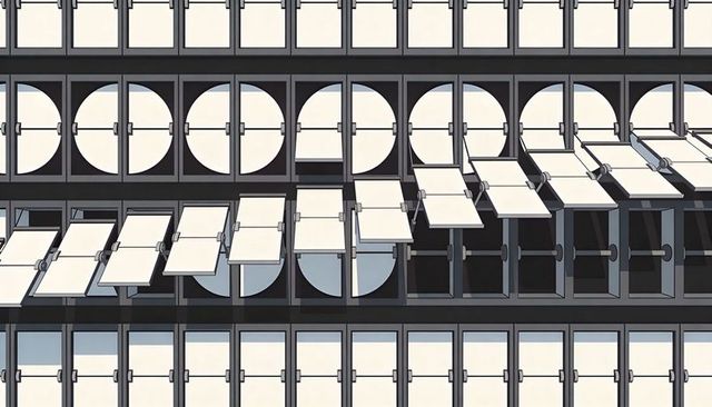 Modular facade with pivoting rectangular shutters and circular vents, geometric rhythm