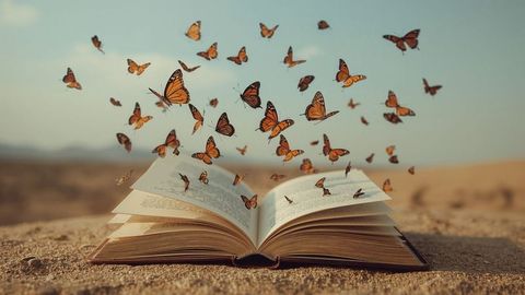 Surreal Metamorphosis: Butterflies Emerging from Book in Desert