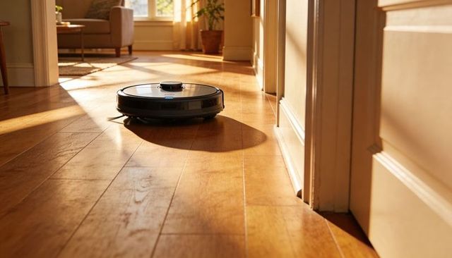 Robot vacuum gliding along sunlit hardwood hallway into cozy living room with sofa
