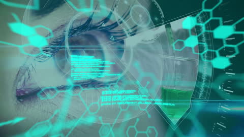 Futuristic Eye Scanning with Data and Chemical Analysis Overlay