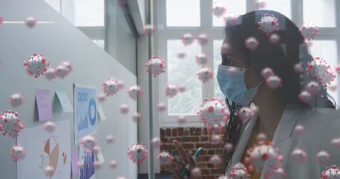 Woman with Digital Virus Overlay Brainstorming in Office