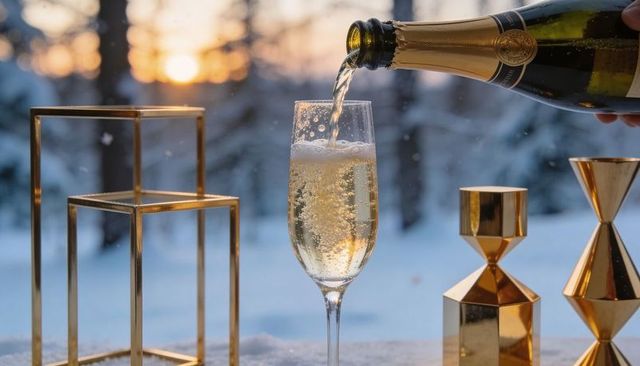 Twilight champagne pour over snowy table with gold geometric decor and bubbly flute