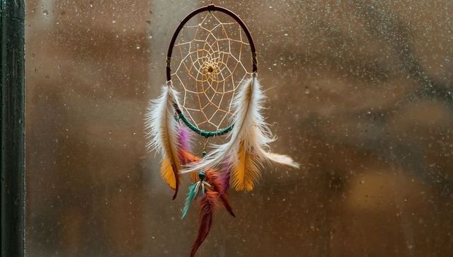 Dreamcatcher hanging on rain-speckled window exuding calm ambiance