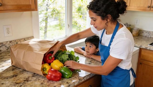 Woman unpacking colorful bell peppers on sunlit kitchen countertop with child watching