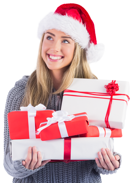 Smiling Woman with Santa Hat Holding Transparent Christmas Gifts - Download Free Stock Videos Pikwizard.com