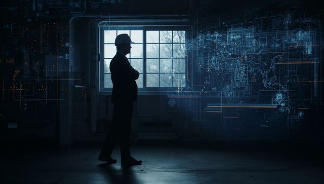 Silhouette engineer in hard hat inspecting holographic industrial schematics in warehouse