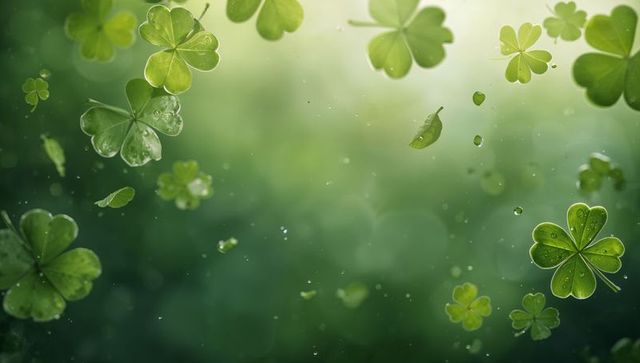 Four-Leaf Clover Floating with Dew Drops, Soft Green Bokeh and Lucky Nature Detail