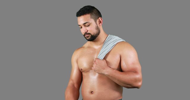 Athletic Man With Towel on Shoulder, Isolated on Grey Background - Download Free Stock Images Pikwizard.com