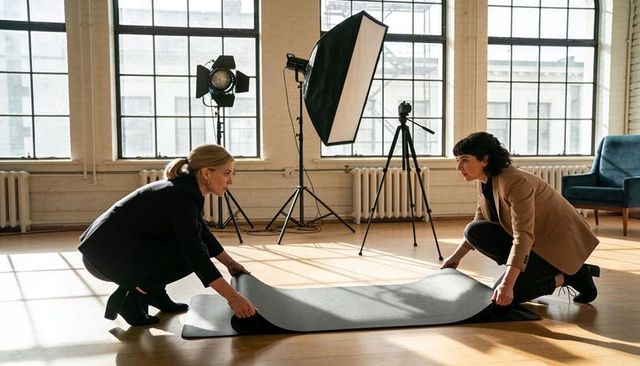 Kneeling businesswomen unrolling backdrop mat in sunlit loft studio with lighting gear