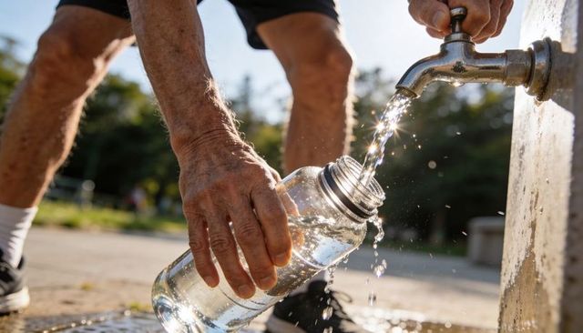 Senior filling water bottle at park faucet with sunlight sparkling on splashing droplets