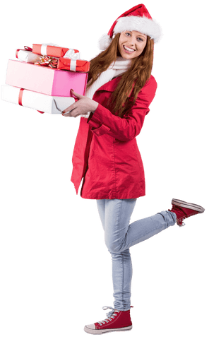 Transparent Festive Redhead Holding Stack of Holiday Gifts