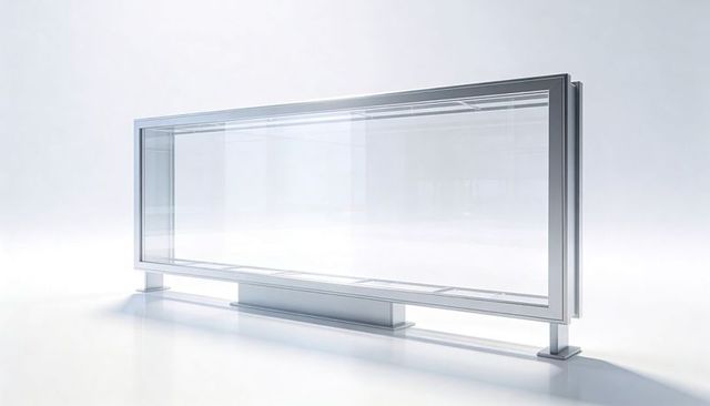 Showcasing large transparent glass display with aluminum frame on glossy white showroom floor