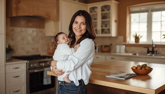 Smiling mother cradling sleeping newborn in bright modern kitchen with wood island
