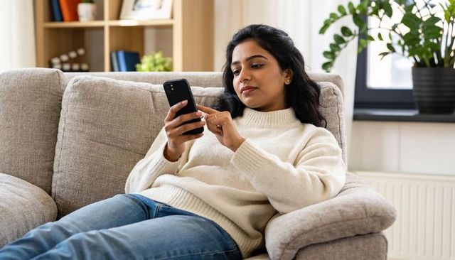 Indian woman reclining on sofa scrolling smartphone while wearing cream sweater and jeans in cozy li