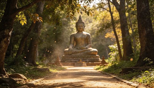 Sunlit forest buddha shrine with floating dust motes, serene pathway and golden glow