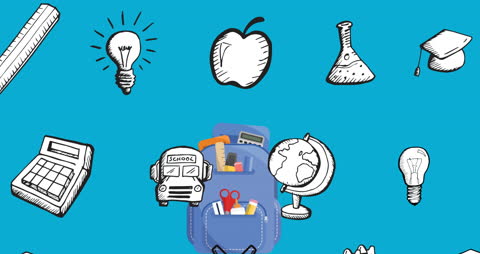 Animated School Supplies with Playful Backpack on Blue
