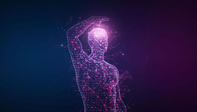Futuristic Digital Human with Glowing Elements in Abstract 3D Space