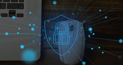 Digital security protection with padlock symbol on workspace