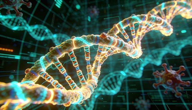 Neon dna double helix holographic data grid with viral particles for genomics and biotech
