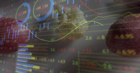 Cauliflower floating above market charts blending agriculture and finance visualization