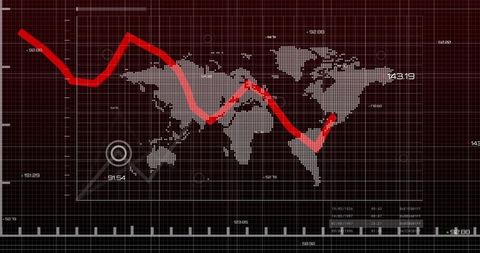 Global Market Dashboard Showing Red Downtrend Line Over Dotted World Map Grid