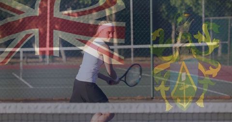 Female Tennis Player Training on Court with Union Jack Overlay