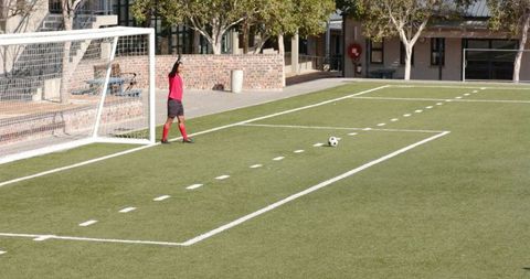 Solitary Goalkeeper Standing Near Goalpost Watching Soccer Ball