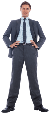 Confident Businessman in Suit with Hands on Hips Transparent PNG