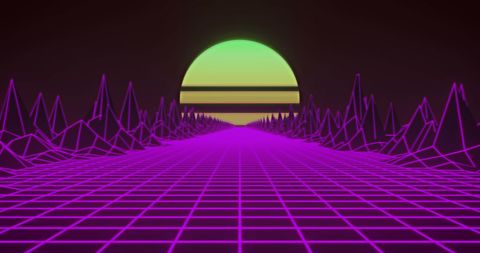 Retro futuristic synthwave landscape with neon grid sun