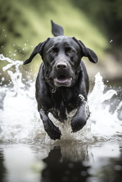 Black labrador dog running in water over grass created using generative ai technology. Animals, pets and nature concept digitally generated image.