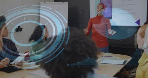 Innovative team brainstorming digital app design in conference room