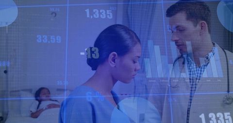 Doctor Consulting Patient in Hospital with Digital Data Overlay