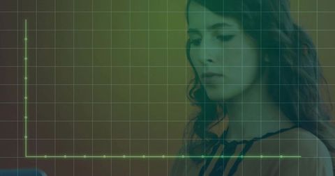 Businesswoman Reviewing Data on Tablet with Green Grid Overlay