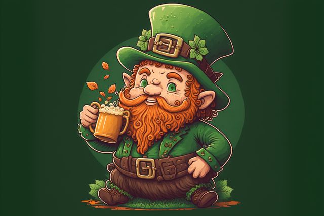 Charming leprechaun enjoying beer with fallen leaves and luck charm accessories, perfect for St. Patrick's Day, Irish folklore themed projects, holiday decorations, pub advertisements, and cartoon illustrations.
